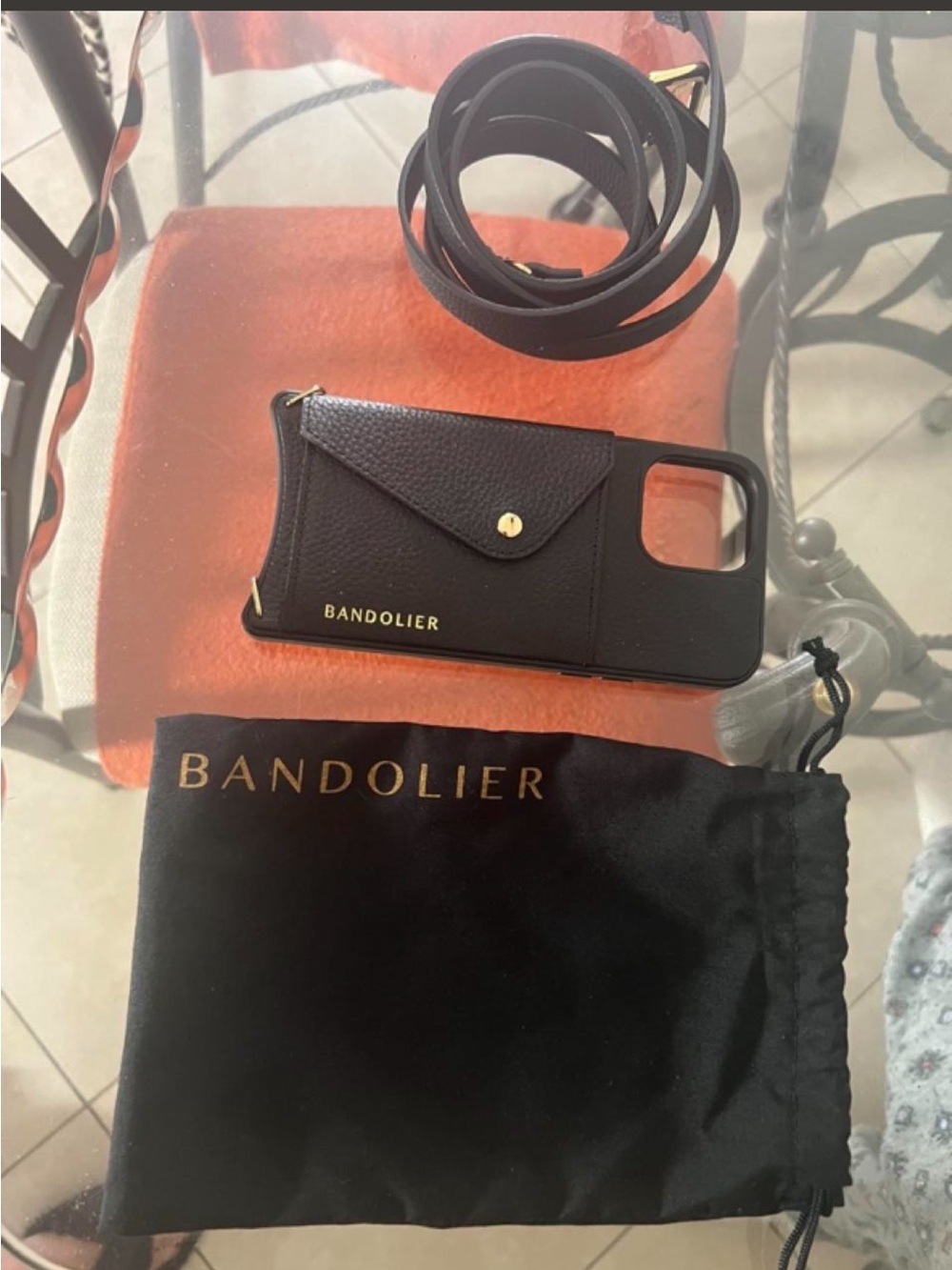 Bandolier Black Leather Cardholder Crossbody Phone Case with Gold Accents